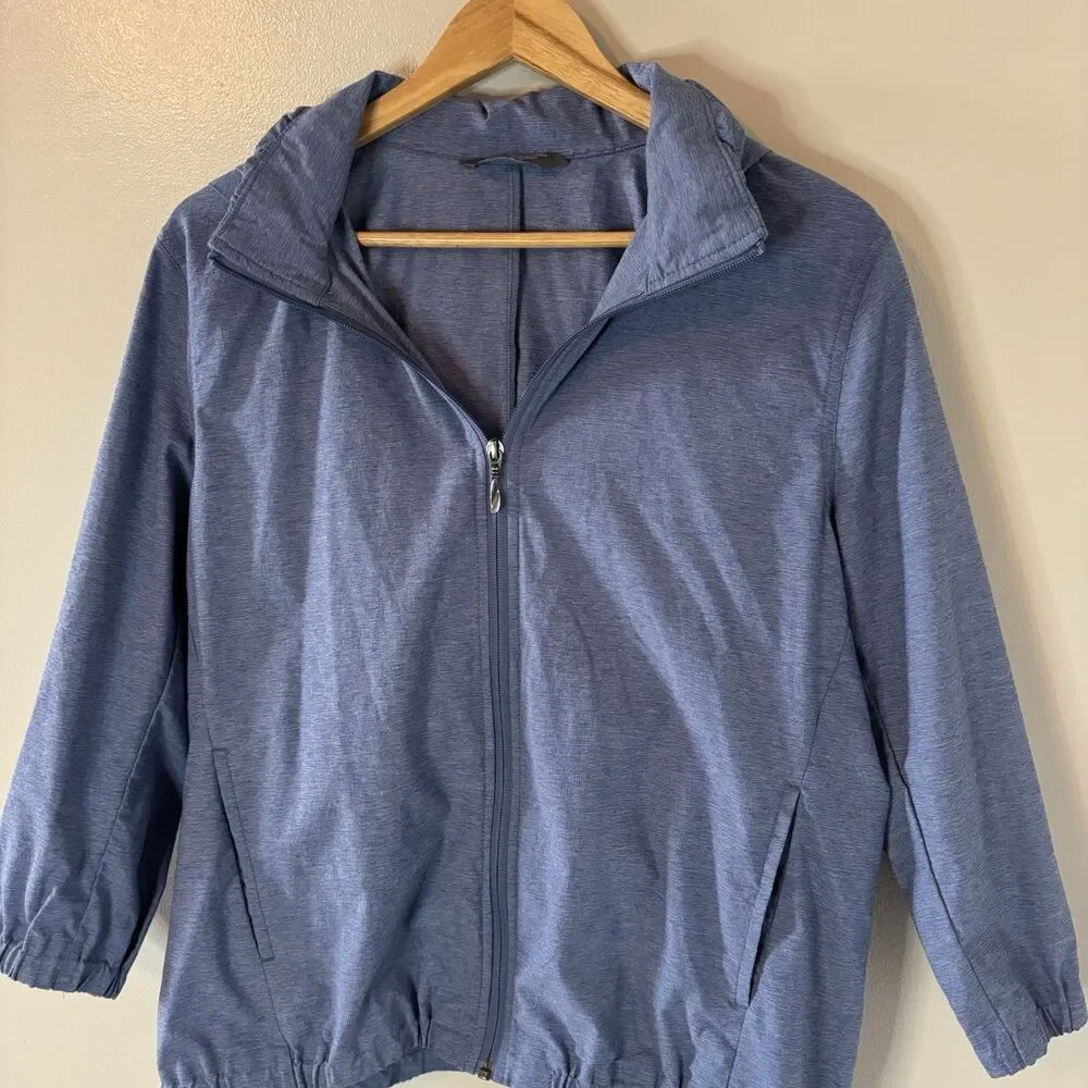 North Face Womens Full Zip Jacket 3/4 Sleeve Blue Packable Hood Sz XL